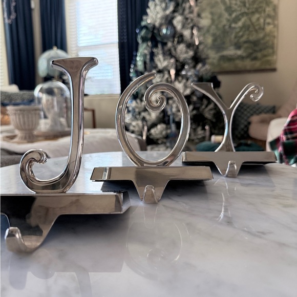 Pottery Barn Other - Pottery Barn Silver Holiday Stocking Holders “JOY” set of 3